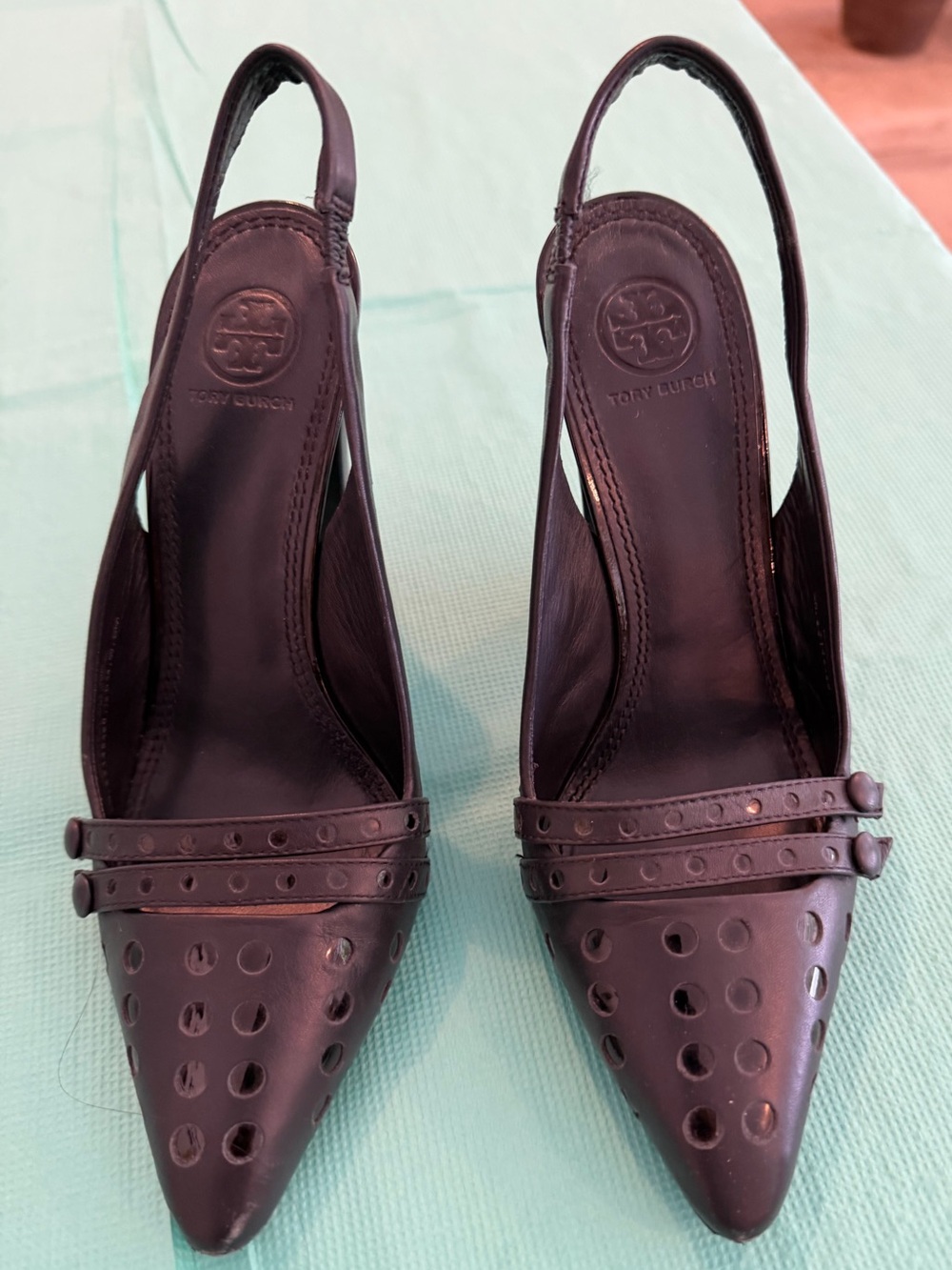 Tory Burch Navy Blue Pointed Leather Slingback Heels (Size 8)